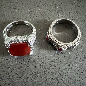 Judith Ripka sterling silver and red gemstone ring set